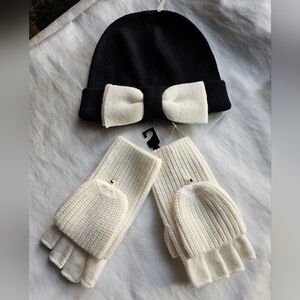 Kate Spade Black/Cream Knit Beanie And White Pop-Top  Gloves